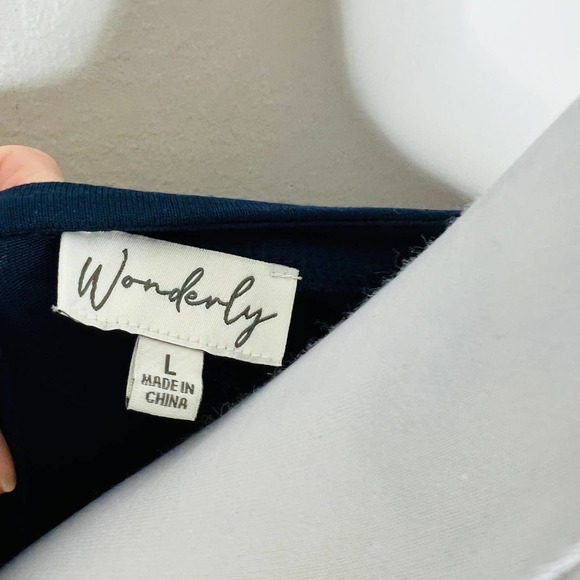 Wonderly Peasant Babydoll Top LARGE Jersey Knit Navy Blue Balloon Sleeve Peplum - Picture 4 of 6